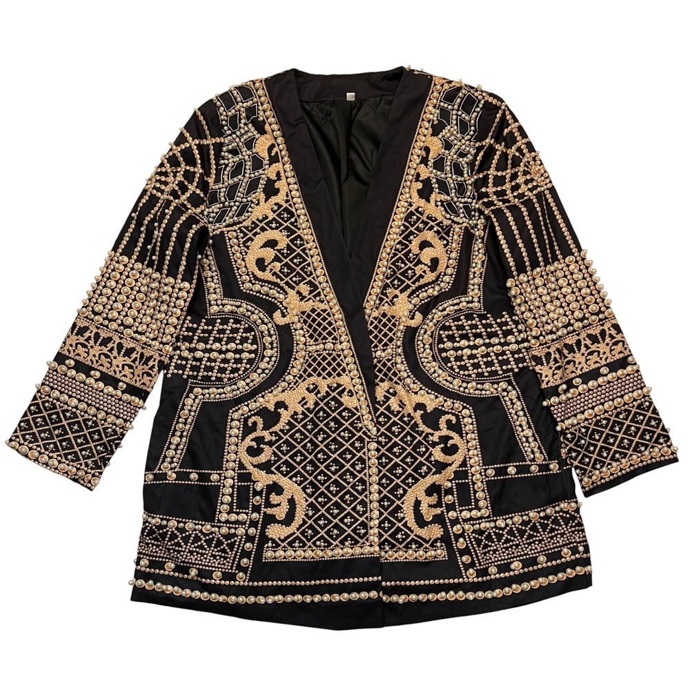 Black Gold Pearl Embellished Glamorous‎ Art Deco Party Blazer Jacket Size 4XL